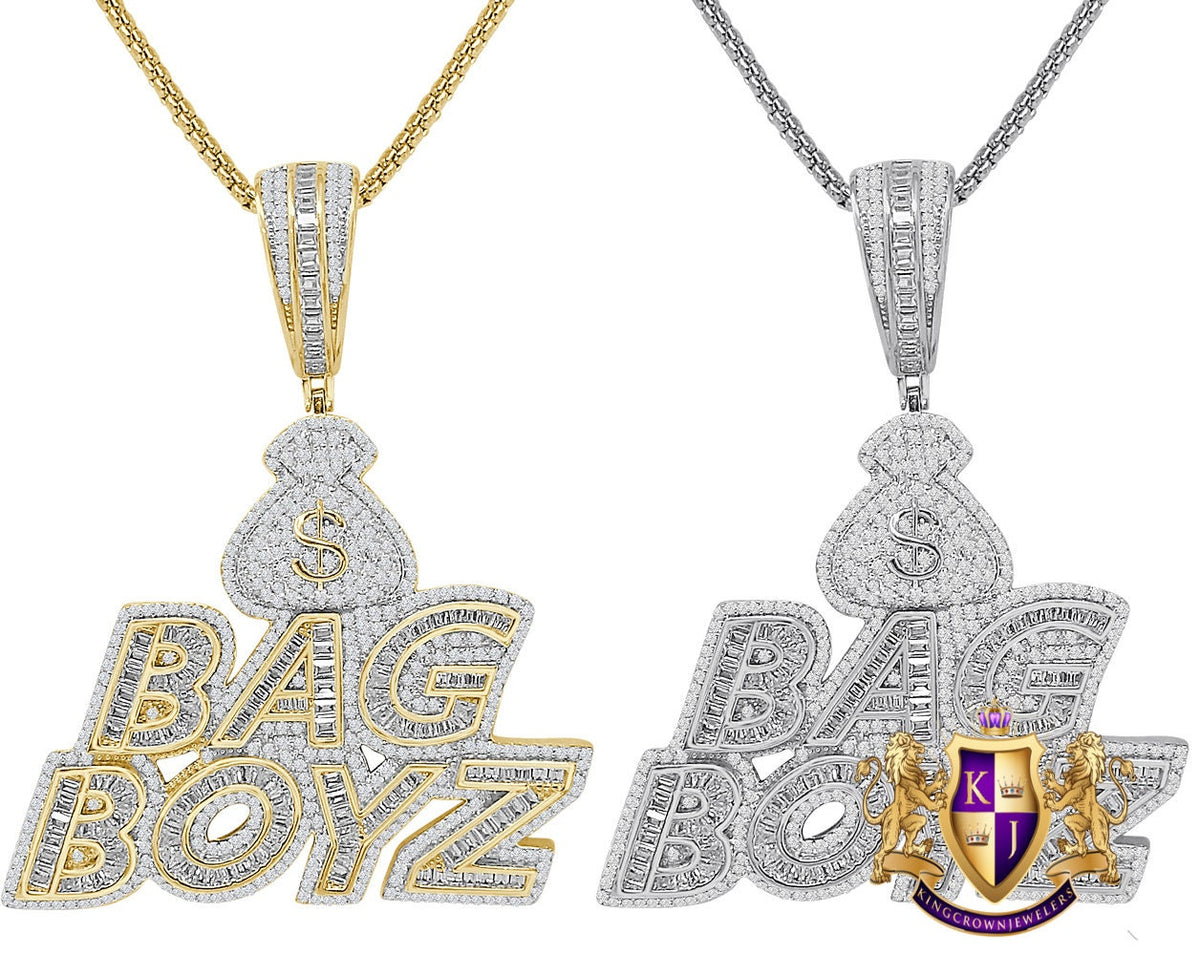 35 Grams Baguette Genuine Sterling Silver Dollar Sign Money Bag Boyz Simulated Diamond 14K Gold Over Custom Charm Pendent 2.5'' + Free Chain