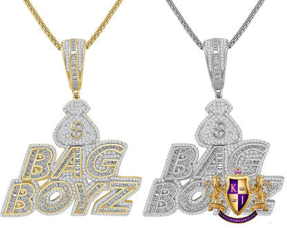 35 Grams Baguette Genuine Sterling Silver Dollar Sign Money Bag Boyz Simulated Diamond 14K Gold Over Custom Charm Pendent 2.5'' + Free Chain