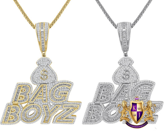 35 Grams Baguette Genuine Sterling Silver Dollar Sign Money Bag Boyz Simulated Diamond 14K Gold Over Custom Charm Pendent 2.5'' + Free Chain