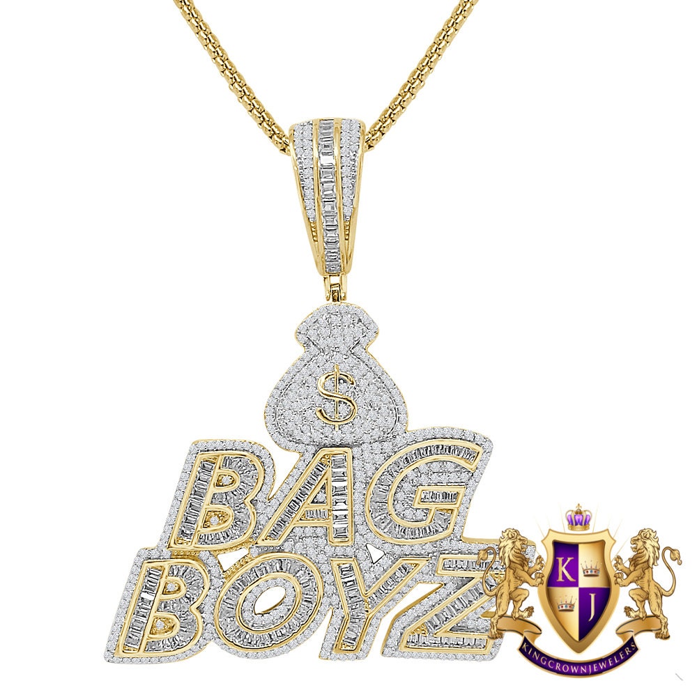 35 Grams Baguette Genuine Sterling Silver Dollar Sign Money Bag Boyz Simulated Diamond 14K Gold Over Custom Charm Pendent 2.5'' + Free Chain