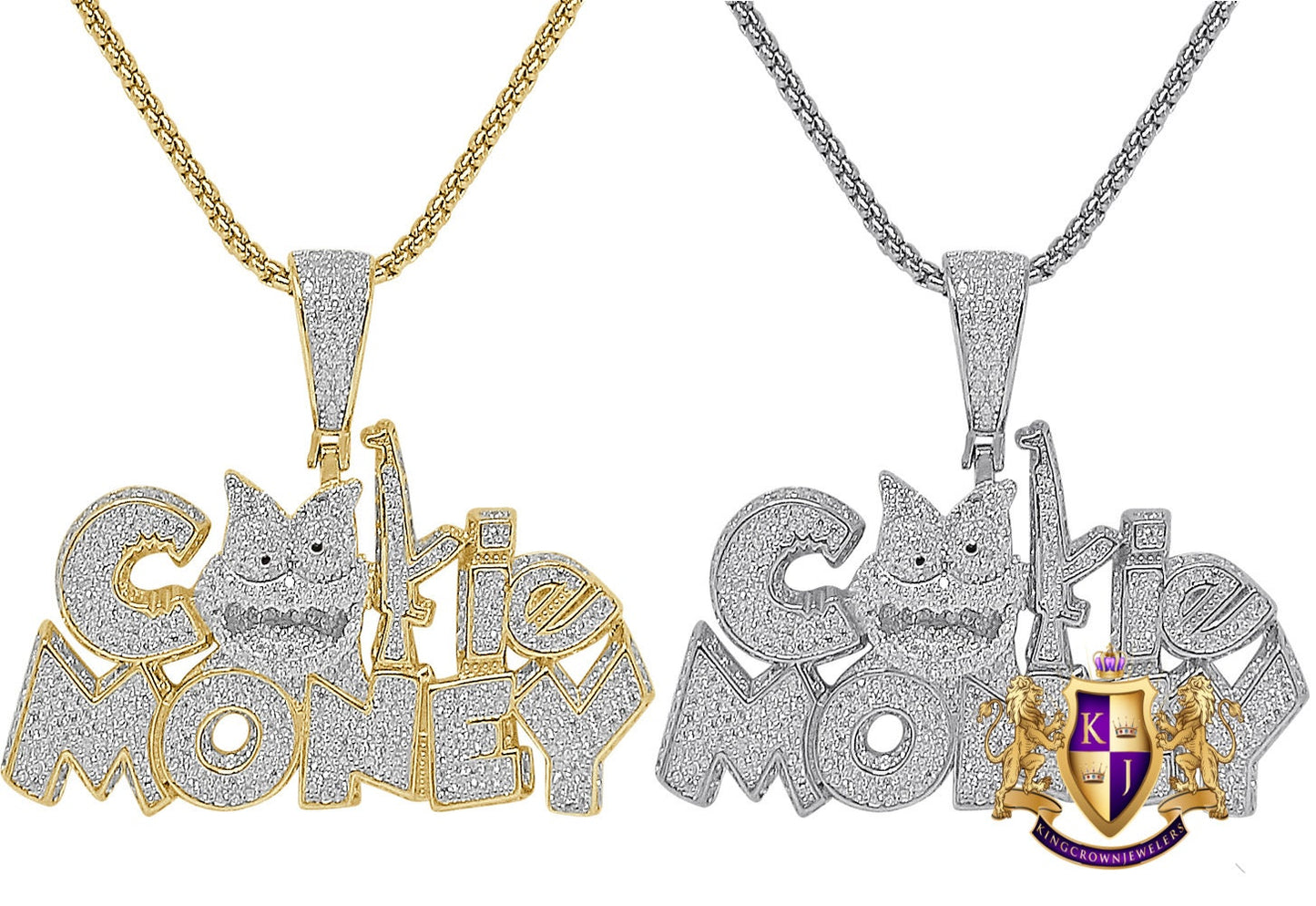 Men's Custom Piece Real Solid Sterling Silver 14K Gold Over Simulated Diamond "Cookie Money" Charm Pendent Chain Set 2.25''