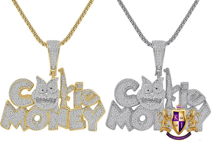 Men's Custom Piece Real Solid Sterling Silver 14K Gold Over Simulated Diamond "Cookie Money" Charm Pendent Chain Set 2.25''
