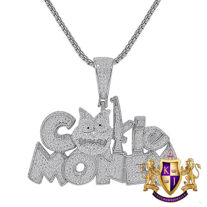 Men's Custom Piece Real Solid Sterling Silver 14K Gold Over Simulated Diamond "Cookie Money" Charm Pendent Chain Set 2.25''
