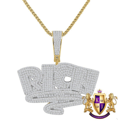 35 + Grams 14k Gold On Real Sterling Silver Men's Round Cut Simulated Diamond Big RICH Money Forever Custom Charm Pendant Chain Set