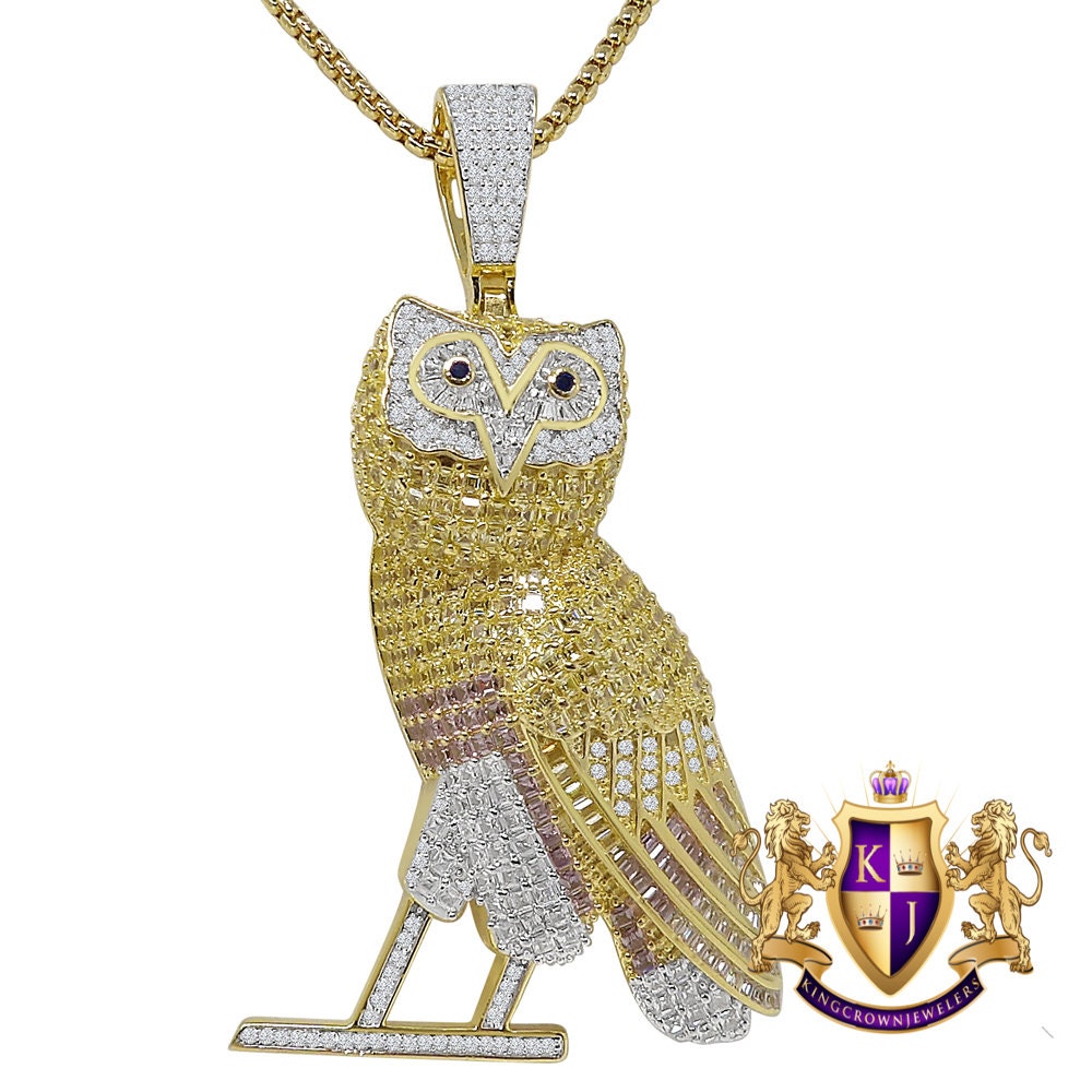 Baguette 34 + Grams Big 2.75'' 14K Gold Over Genuine Sterling Silver Simulated Diamond Standing Owl Bird Pendant Charm Chain Set