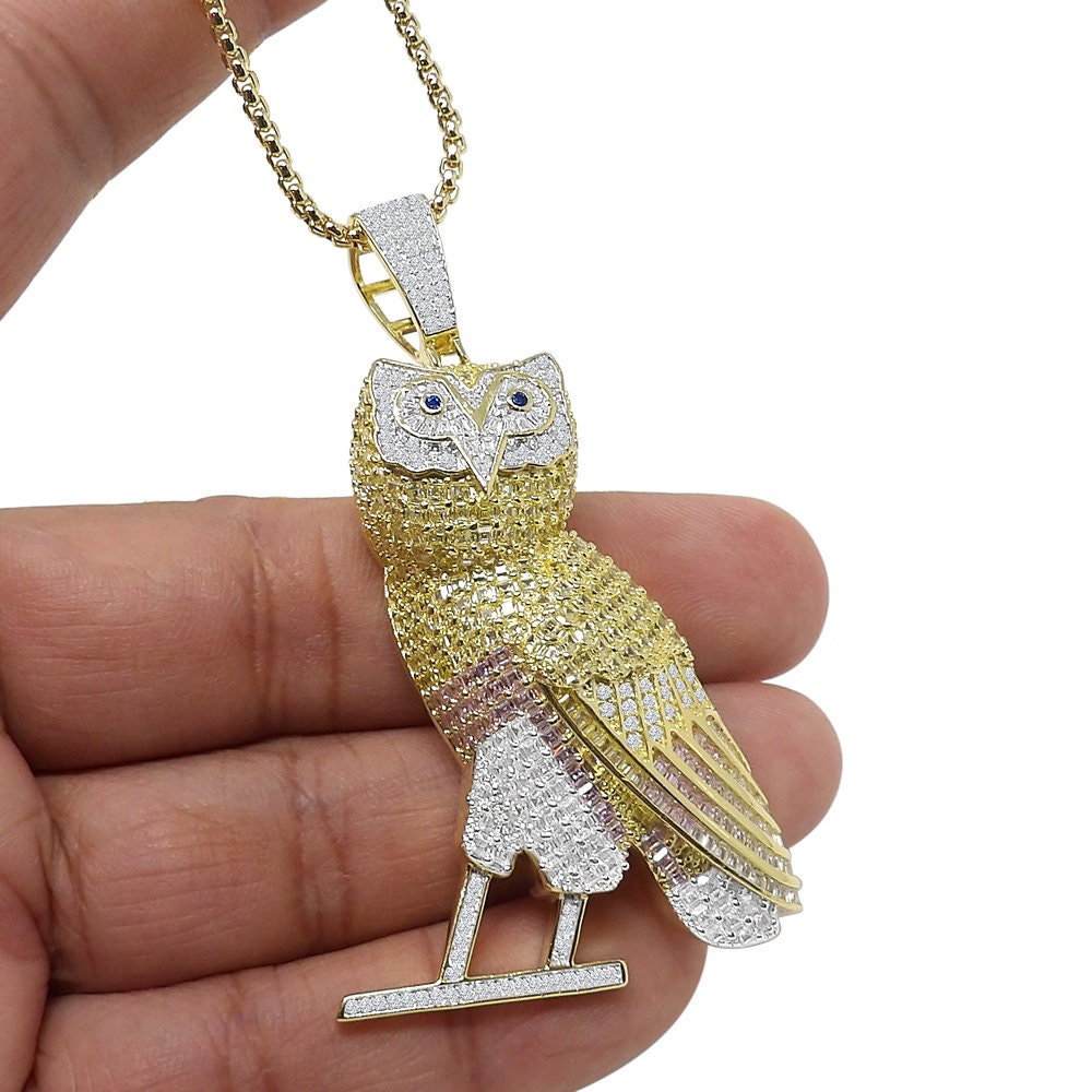 Baguette 34 + Grams Big 2.75'' 14K Gold Over Genuine Sterling Silver Simulated Diamond Standing Owl Bird Pendant Charm Chain Set