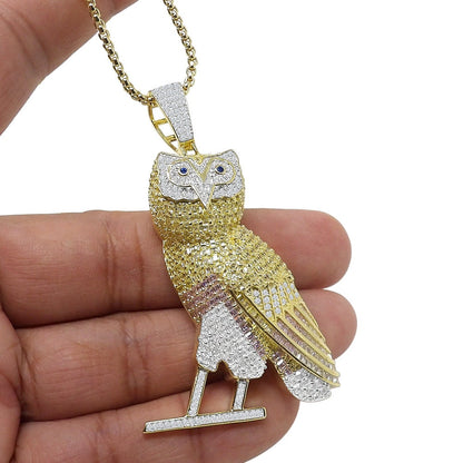 Baguette 34 + Grams Big 2.75'' 14K Gold Over Genuine Sterling Silver Simulated Diamond Standing Owl Bird Pendant Charm Chain Set