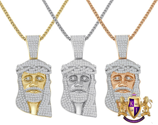 14k Gold Over Real Sterling Silver Simulated Diamond Holy Jesus Face Piece Cross Charm Pendent 2''