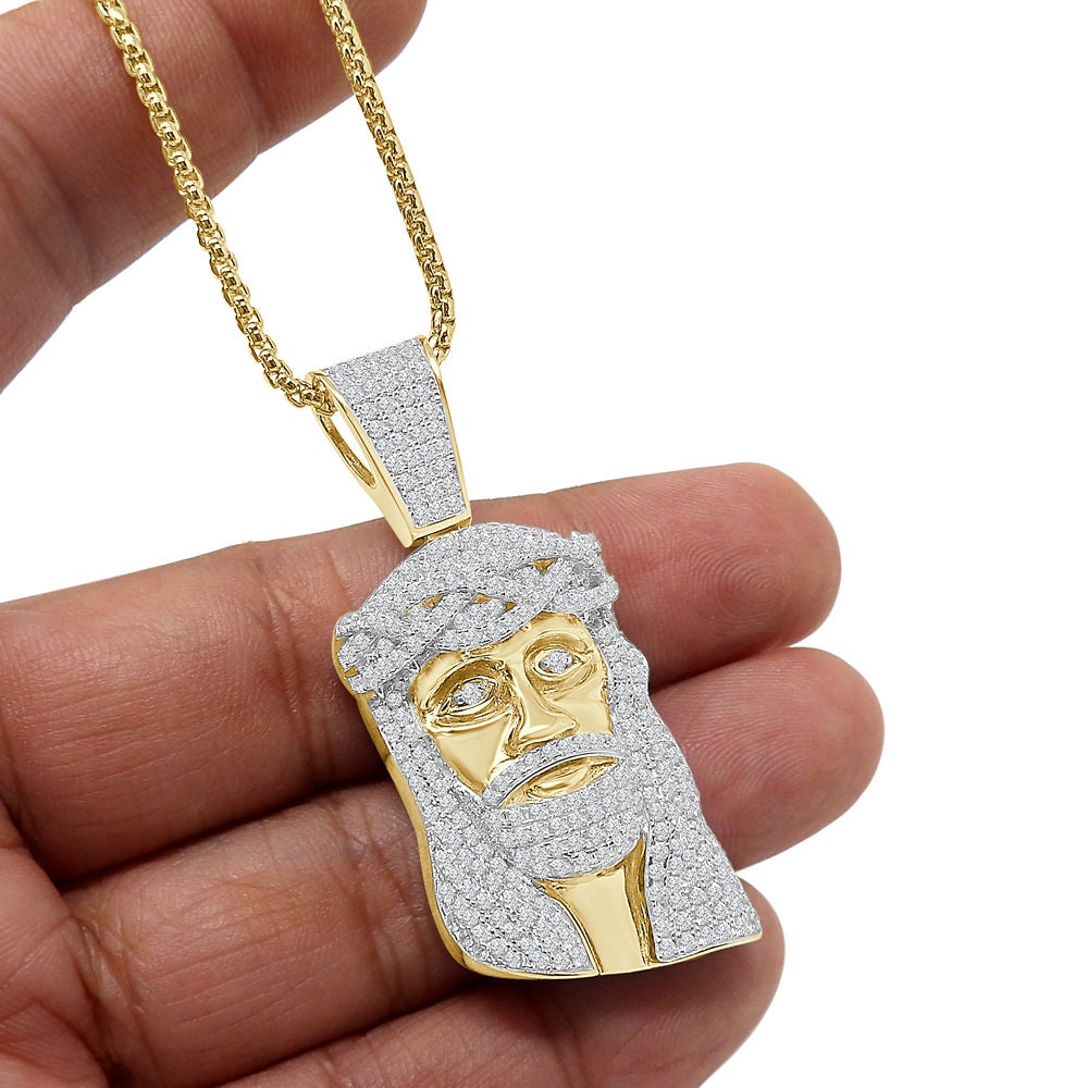14k Gold Over Real Sterling Silver Simulated Diamond Holy Jesus Face Piece Cross Charm Pendent 2''