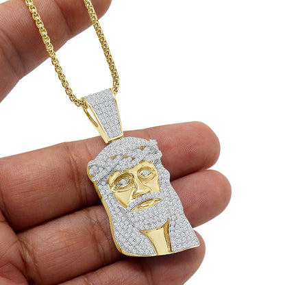 14k Gold Over Real Sterling Silver Simulated Diamond Holy Jesus Face Piece Cross Charm Pendent 2''