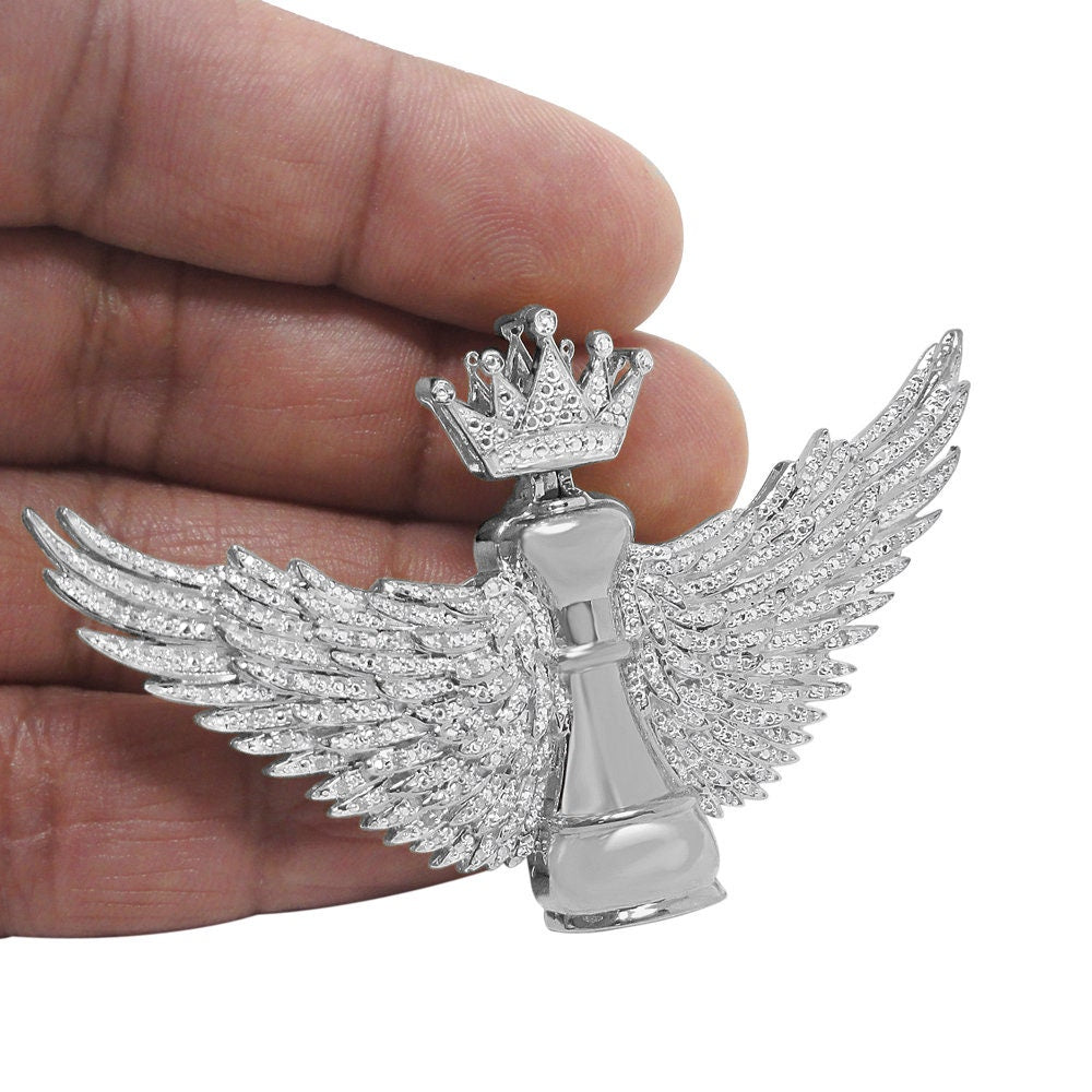 100% Real Genuine Diamond Men's King Chess Piece Pawn Crown Wings Pendent Charm 10K White Gold Finish