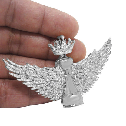 100% Real Genuine Diamond Men's King Chess Piece Pawn Crown Wings Pendent Charm 10K White Gold Finish