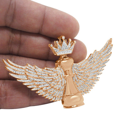 100% Real Genuine Diamond Men's King Chess Piece Pawn Crown Wings Pendent Charm 10K Rose Gold Finish