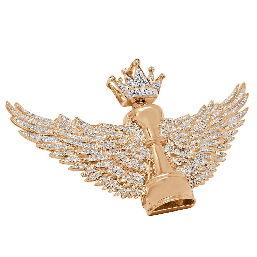100% Real Genuine Diamond Men's King Chess Piece Pawn Crown Wings Pendent Charm 10K Rose Gold Finish