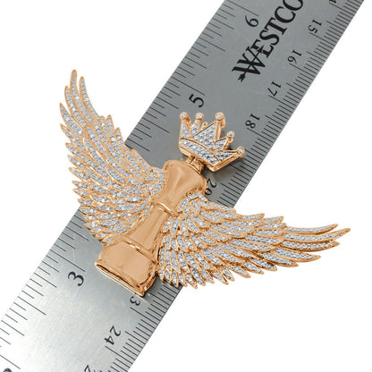 100% Real Genuine Diamond Men's King Chess Piece Pawn Crown Wings Pendent Charm 10K Rose Gold Finish