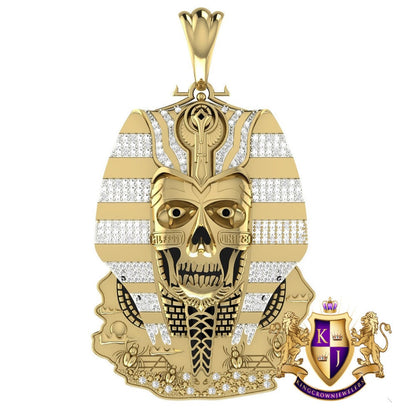 26+ Grams Genuine Real Diamond Exclusive Custom Piece Egyptian King Tut Skull Pharaoh Mummy Scarab Beetle Charm 10K Gold Over Pendent 2.75''
