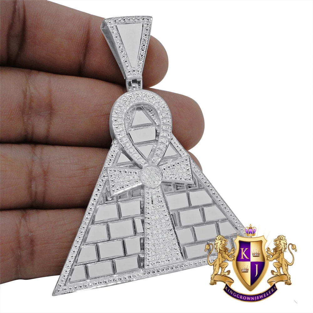 Real Genuine Diamond 0.50 Cwt. 10K White Gold Finish Egyptian Pyramid Ankh Cross Charm Pendant 2.75''