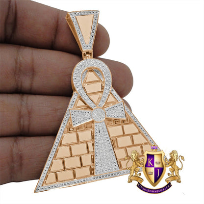 Real Genuine Diamond 0.50 Cwt. 10K Rose Gold Finish Egyptian Pyramid Ankh Cross Charm Pendant 2.75''