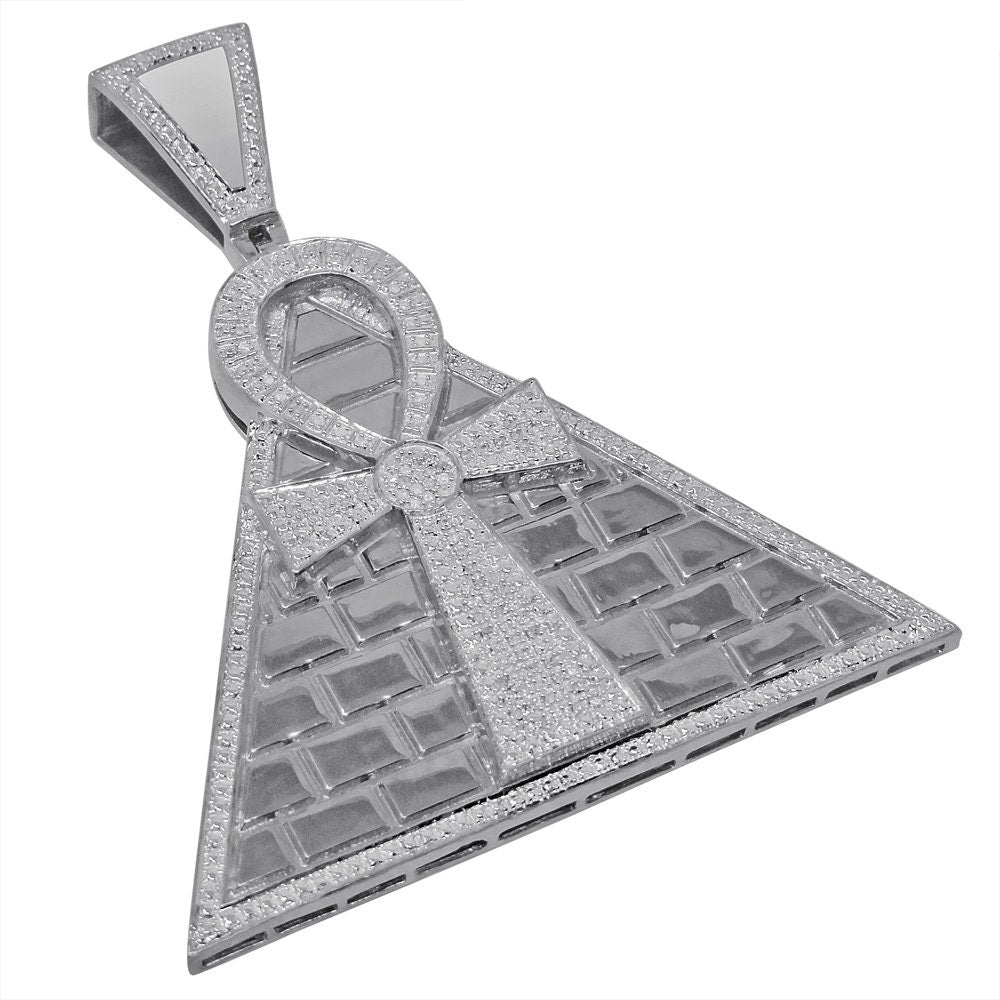 Real Genuine Diamond 0.50 Cwt. 10K White Gold Finish Egyptian Pyramid Ankh Cross Charm Pendant 2.75''