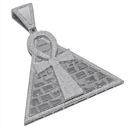 Real Genuine Diamond 0.50 Cwt. 10K White Gold Finish Egyptian Pyramid Ankh Cross Charm Pendant 2.75''