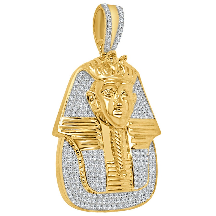 30 + Grams Real Genuine Sterling Silver 14K Gold Over Simulated Diamond King Tutankhamun Ancient Egyptian Pharaoh Mummy Pendant Charm 2.35''