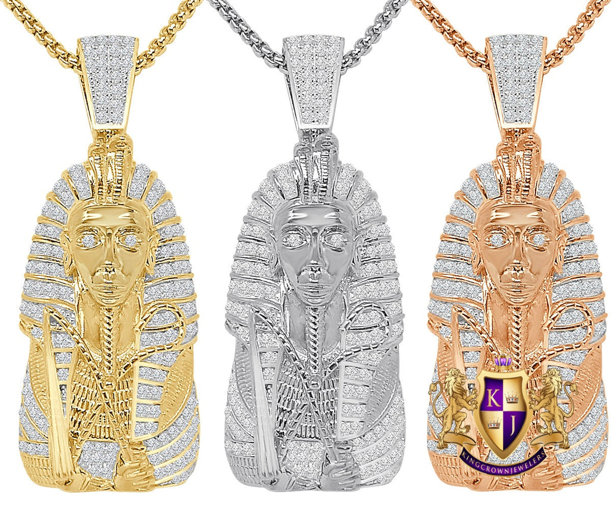 30 + Grams Genuine Italian Sterling Silver 14K Gold Over Simulated Diamond Egyptian Pharaoh King Tut Mummy Pendent Charm 2.25''+ Free Chain