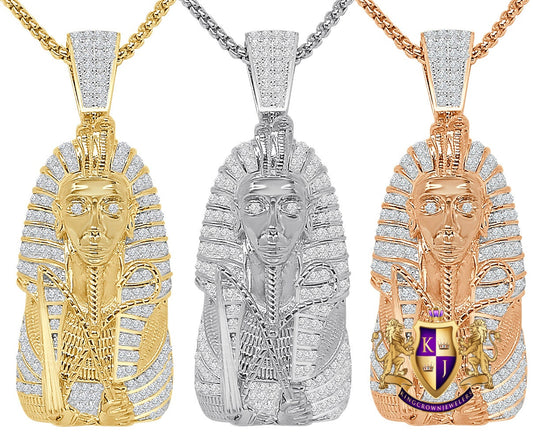 30 + Grams Genuine Italian Sterling Silver 14K Gold Over Simulated Diamond Egyptian Pharaoh King Tut Mummy Pendent Charm 2.25''+ Free Chain