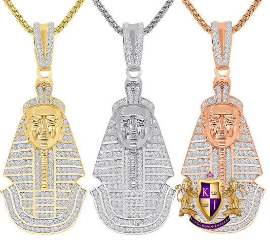 23 + Grams Real Sterling Silver 14K Gold Over Simulated Diamond Egyptian King Tut Pharaoh Mummy Pendant Charm 2.55'' + Free Chain