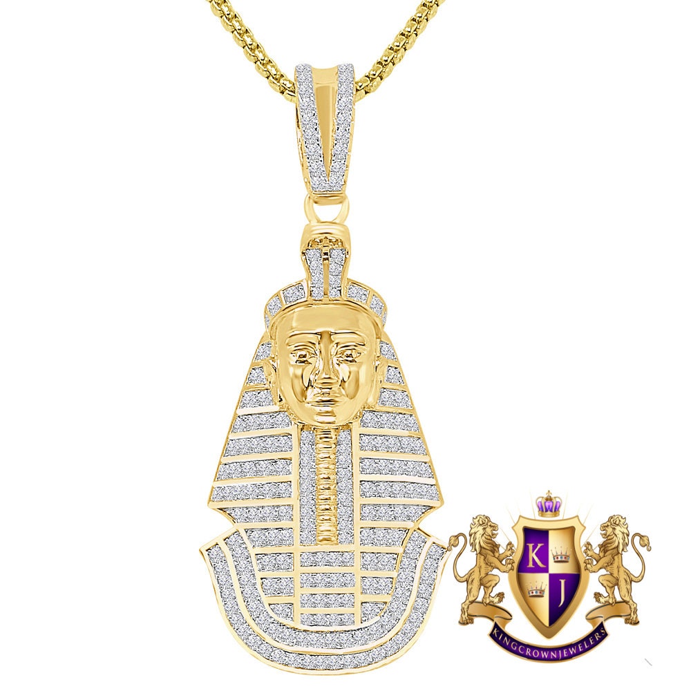 23 + Grams Real Sterling Silver 14K Gold Over Simulated Diamond Egyptian King Tut Pharaoh Mummy Pendant Charm 2.55'' + Free Chain