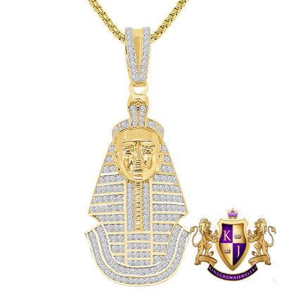 23 + Grams Real Sterling Silver 14K Gold Over Simulated Diamond Egyptian King Tut Pharaoh Mummy Pendant Charm 2.55'' + Free Chain