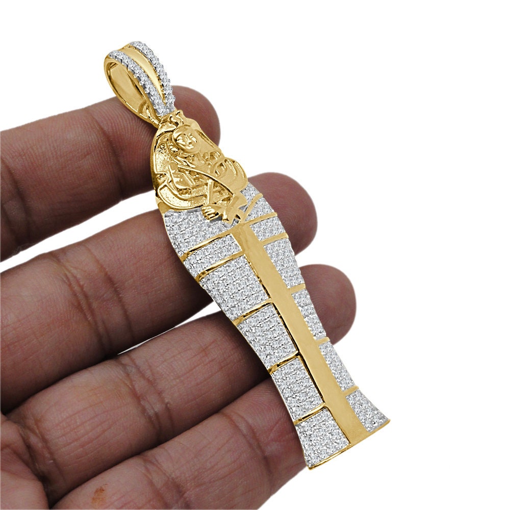 26 + Grams Big XL 3.25'' Real Authentic Sterling Silver Simulated Diamond 14K Gold Over Egyptian Pharaoh King Tut Mummy Custom Pendant Charm