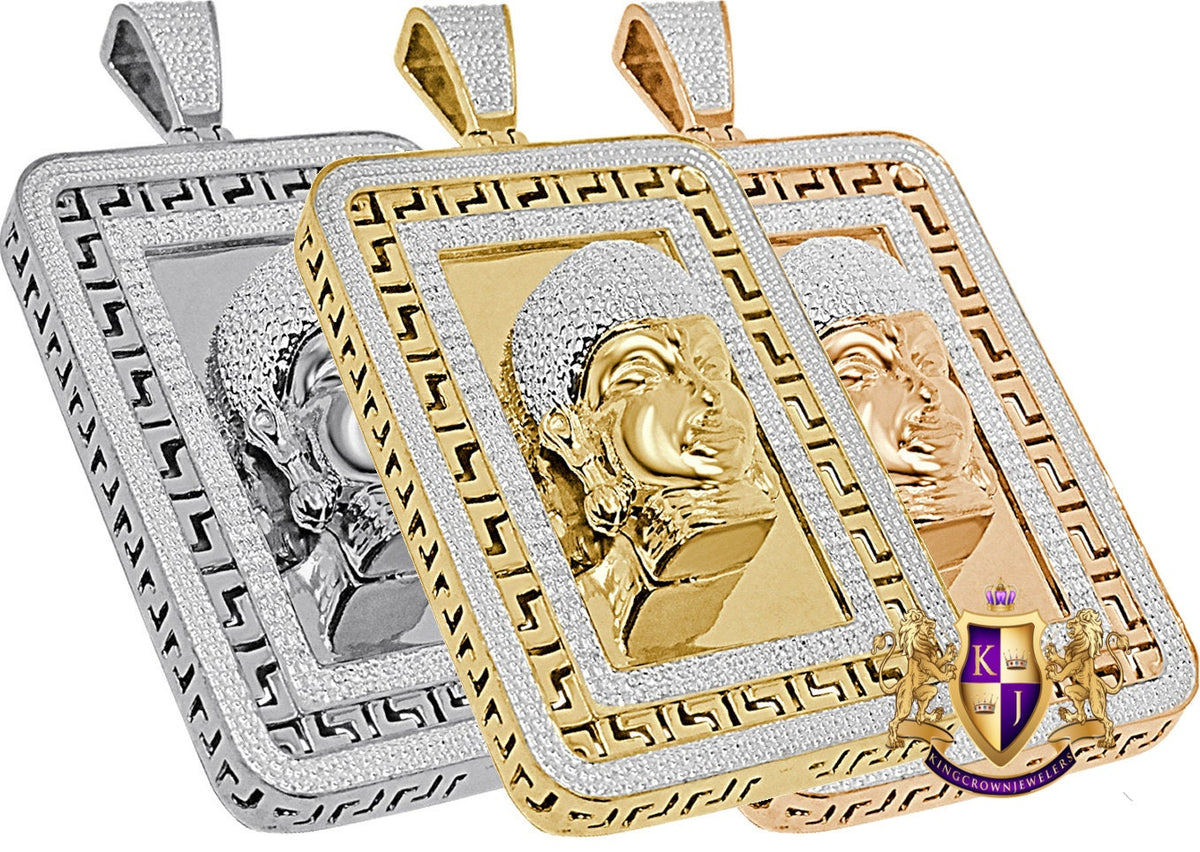 30+ Grams Men's Genuine Real Authentic Diamond Gautama Buddha Face Frame Style Religious Pendant 10K Gold Over Meditation Greek Charm 2.50''
