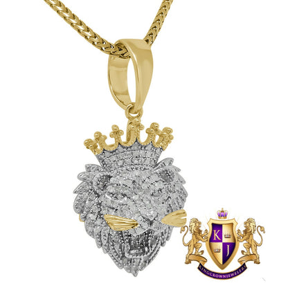 Real Genuine Authentic Diamond 0.75 Cwt. Lion Head Crown Face Mini Pendant Custom Piece Charm Chain Set 10K Gold Finish Small 1.35''