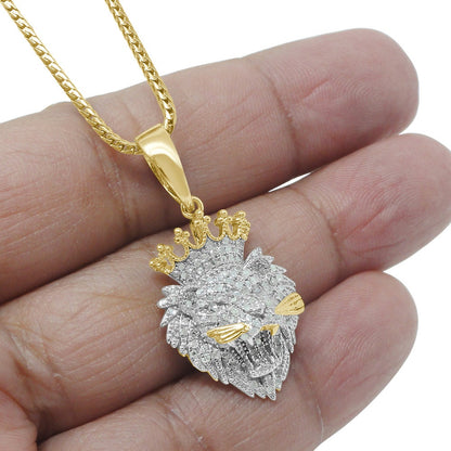 Real Genuine Authentic Diamond 0.75 Cwt. Lion Head Crown Face Mini Pendant Custom Piece Charm Chain Set 10K Gold Finish Small 1.35''