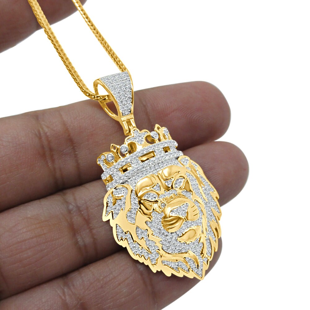 20+ Grams Real Genuine Sterling Silver 2.25 Cwt. Simulated Diamond 14K Gold Over Lion King Head Crown Men's Charm Pendant Chain Neckless Set