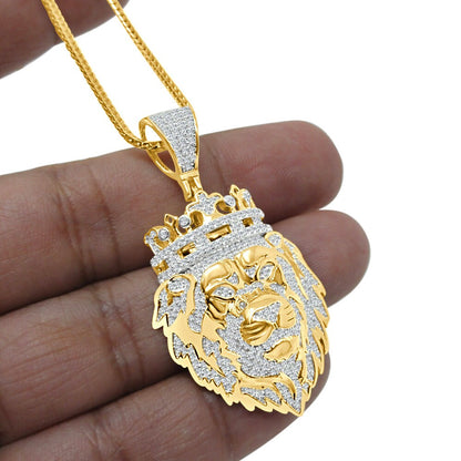 20+ Grams Real Genuine Sterling Silver 2.25 Cwt. Simulated Diamond 14K Gold Over Lion King Head Crown Men's Charm Pendant Chain Neckless Set