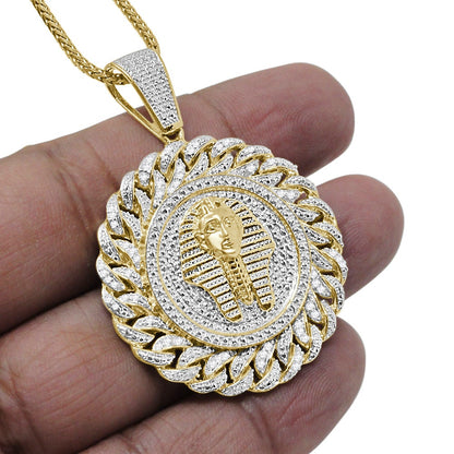 Real Genuine Authentic Diamond 0.50 Cwt. Egyptian Pharaoh King Tut Mummy 10k Gold Over Round Medallion Charm Pendant 2''