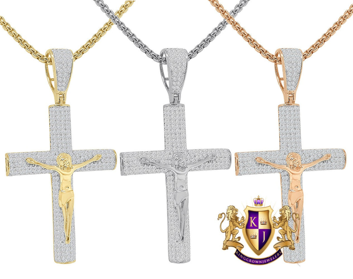 14k Gold Over 16+ Grams Real Genuine Italian Sterling Silver Simulated Diamond Jesus Crucifix Cross Piece Charm Religious Pendent 2.25''