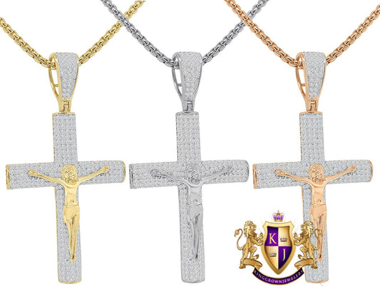 14k Gold Over 16+ Grams Real Genuine Italian Sterling Silver Simulated Diamond Jesus Crucifix Cross Piece Charm Religious Pendent 2.25''