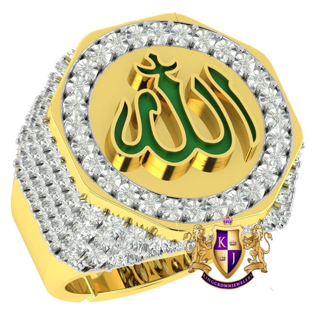 Real Genuine Authentic Diamond 10K Gold Over Allah God Muslim Islamic Arabic Ring Band (Adjustable 9.5 Up 10.5)
