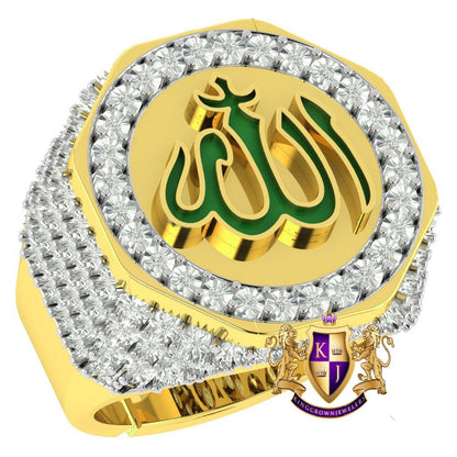 Real Genuine Authentic Diamond 10K Gold Over Allah God Muslim Islamic Arabic Ring Band (Adjustable 9.5 Up 10.5)