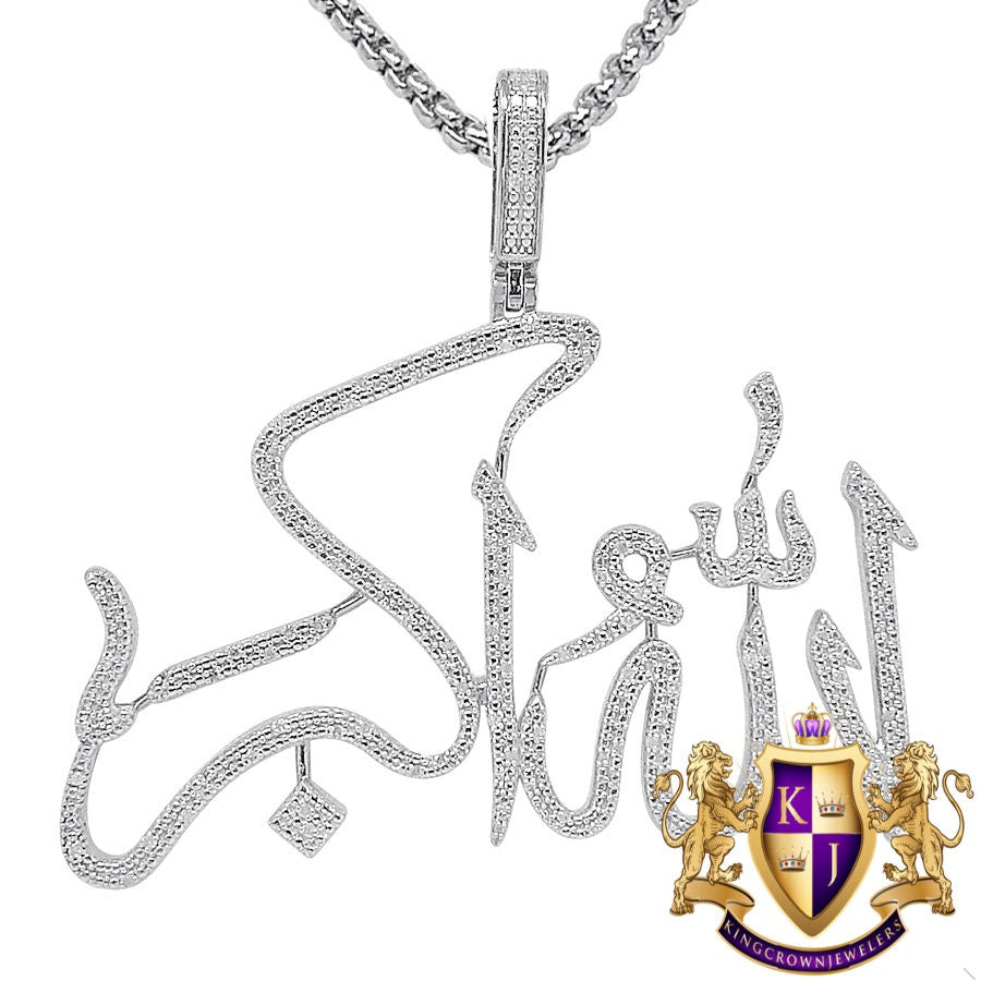 Genuine Real Diamond Allahu Akbar Muslim Pendant 10K Solid White Gold On "GOD IS GREAT" Islamic Arabic Custom Allah Charm + Free Chain 2''