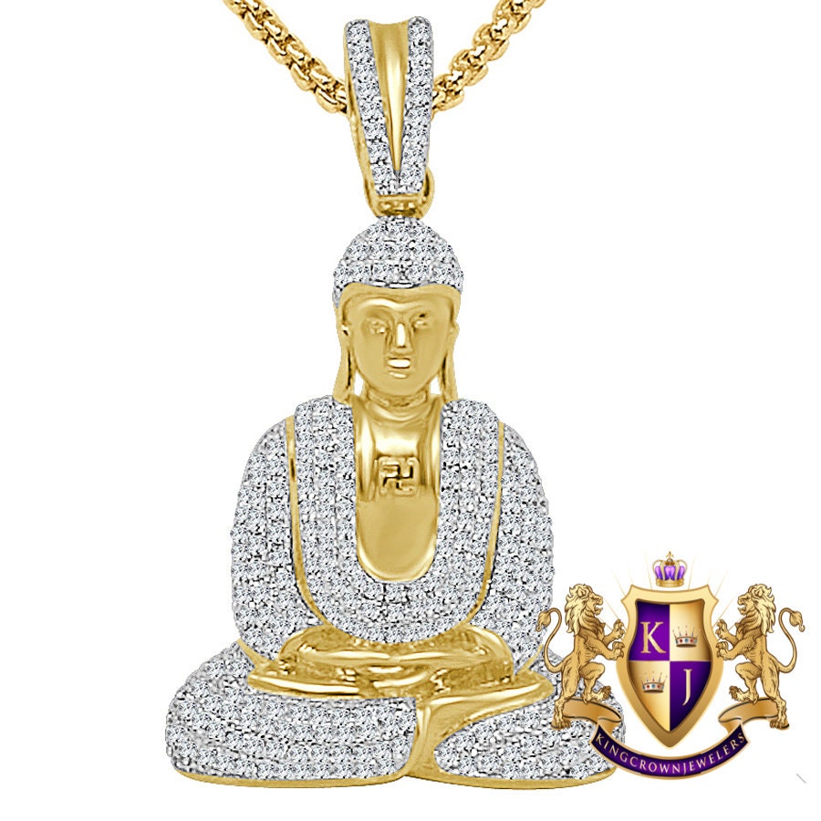 34 + Grams Real Authentic Italian Sterling Silver 14K Gold Over Siddhartha Buddha Pendent Simulated Diamond Buddhist Religious Charm 2.25''