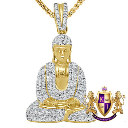 34 + Grams Real Authentic Italian Sterling Silver 14K Gold Over Siddhartha Buddha Pendent Simulated Diamond Buddhist Religious Charm 2.25''