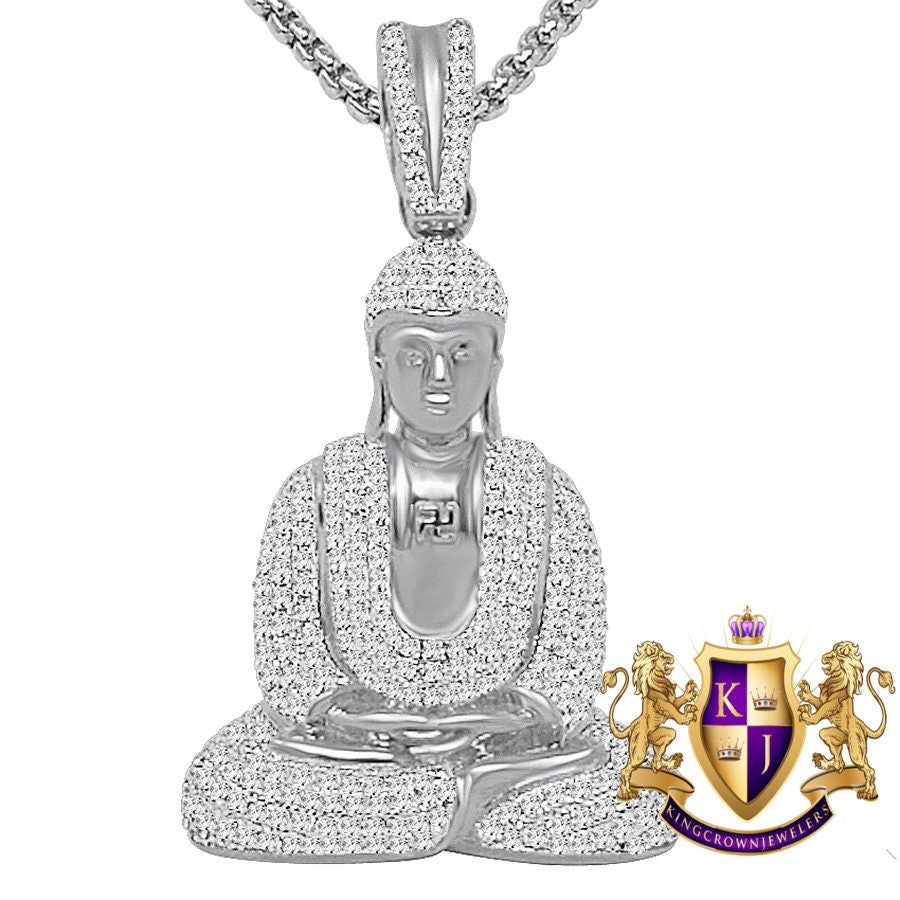 34 + Grams Real Authentic Italian Sterling Silver 14K Gold Over Siddhartha Buddha Pendent Simulated Diamond Buddhist Religious Charm 2.25''