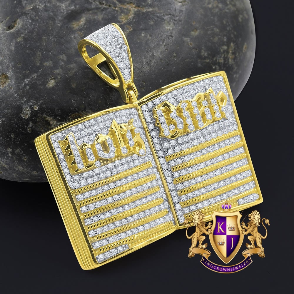 Men's 14K Gold On Genuine Real Sterling Silver Simulated Diamonds Open Holy Bible Book Charm Pendant 3.50ct