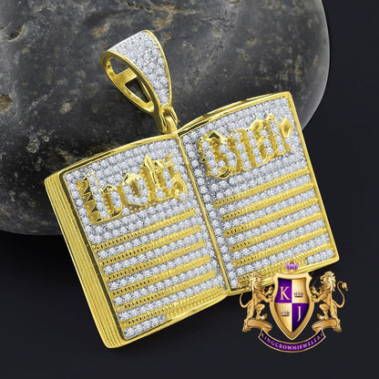 Men's 14K Gold On Genuine Real Sterling Silver Simulated Diamonds Open Holy Bible Book Charm Pendant 3.50ct