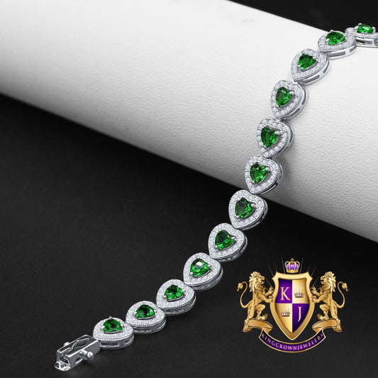 Real Genuine Sterling Silver 14K White Gold Over Green Emerald Heart Love Shape Tennis Link Bracelet 9 Cwt.