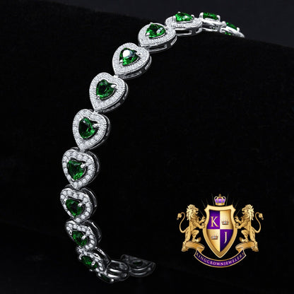 Real Genuine Sterling Silver 14K White Gold Over Green Emerald Heart Love Shape Tennis Link Bracelet 9 Cwt.