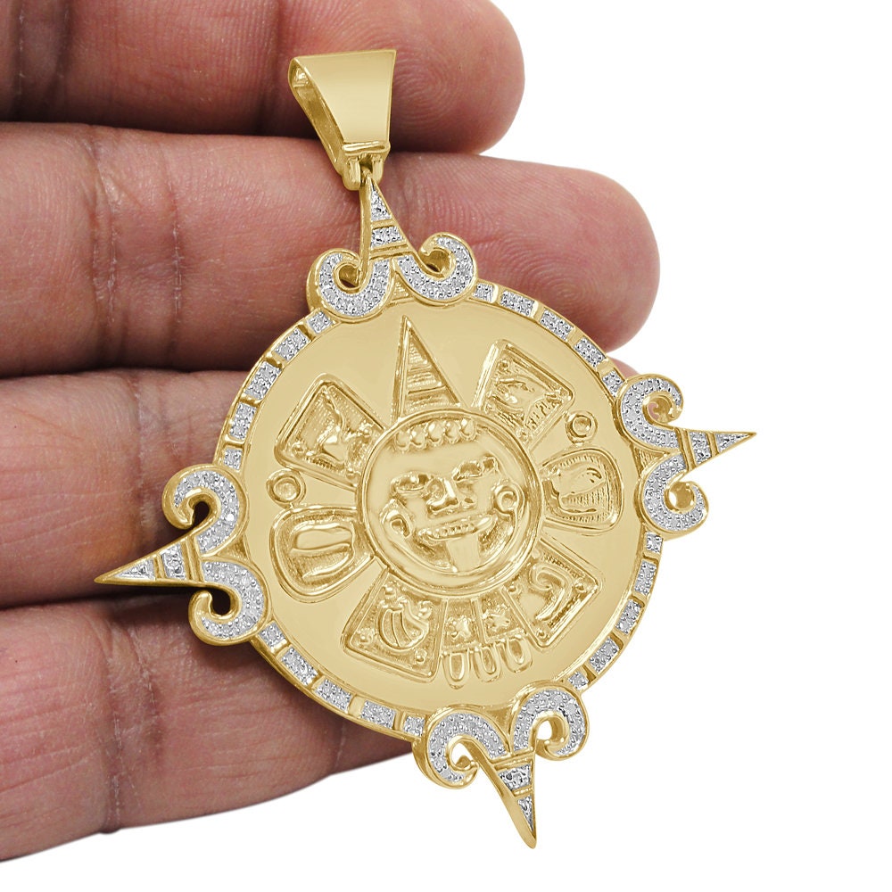 Real Genuine Authentic Diamond 0.40 Cwt. 34 + Grams Mayan Aztec Sun God Calendar Medallion 10K Gold On Custom Pendant Religious Charm 2.65''